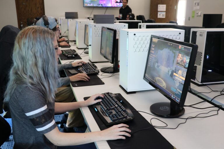 woman playing a PC game
