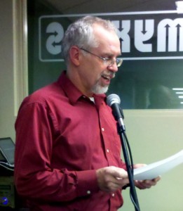 Dr. Nelson reads a poem at the /afk reading series in Myxers lounge.
