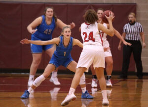 woman blocking basketball